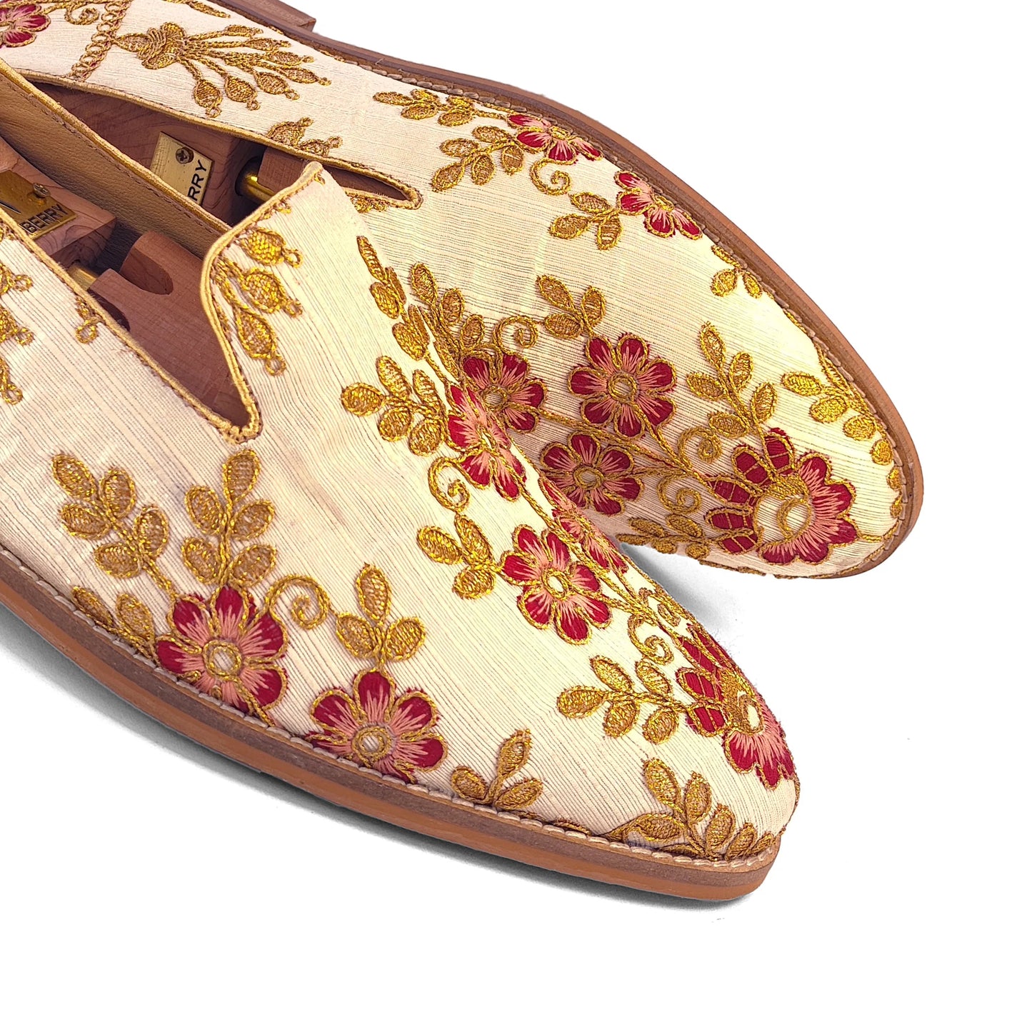 Biege Gold and Cherry Full Embroidery Loafer Mojari Slipon for Men