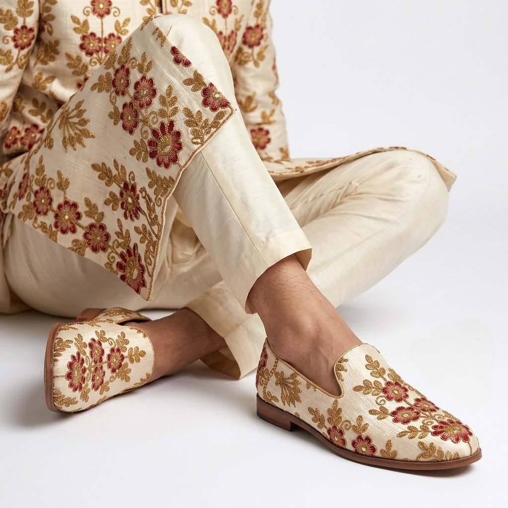 Biege Gold and Cherry Full Embroidery Loafer Mojari Slipon for Men
