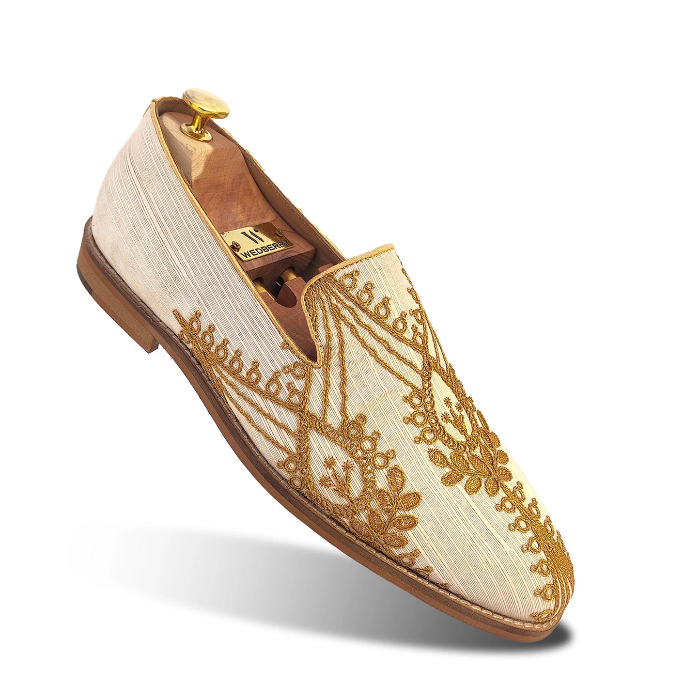 Biege with Gold Embroidery Loafer Mojari Slipon for Men