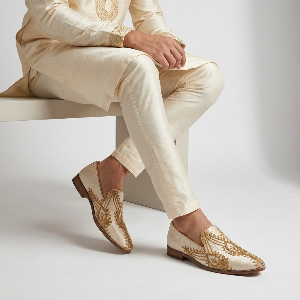Biege with Gold Embroidery Loafer Mojari Slipon for Men