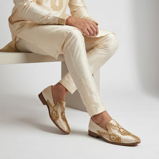 Biege with Gold Embroidery Loafer Mojari Slipon for Men