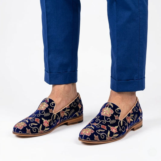 Navy Blue Embroidery Loafers Mojri for Men
