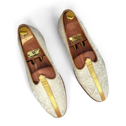 Ivory Brocket Embroidery Wedding Shoes Ethnic Loafers Nagra Slipon Mojri for Men