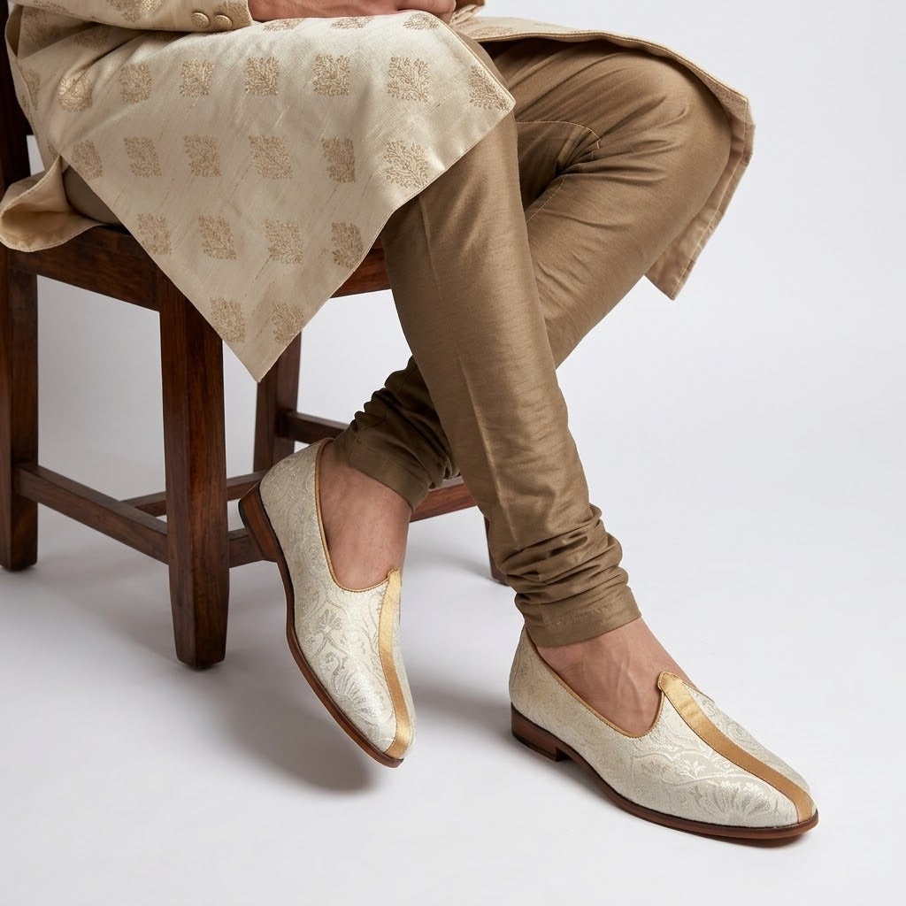 Ivory Brocket Embroidery Wedding Shoes Ethnic Loafers Nagra Slipon Mojri for Men