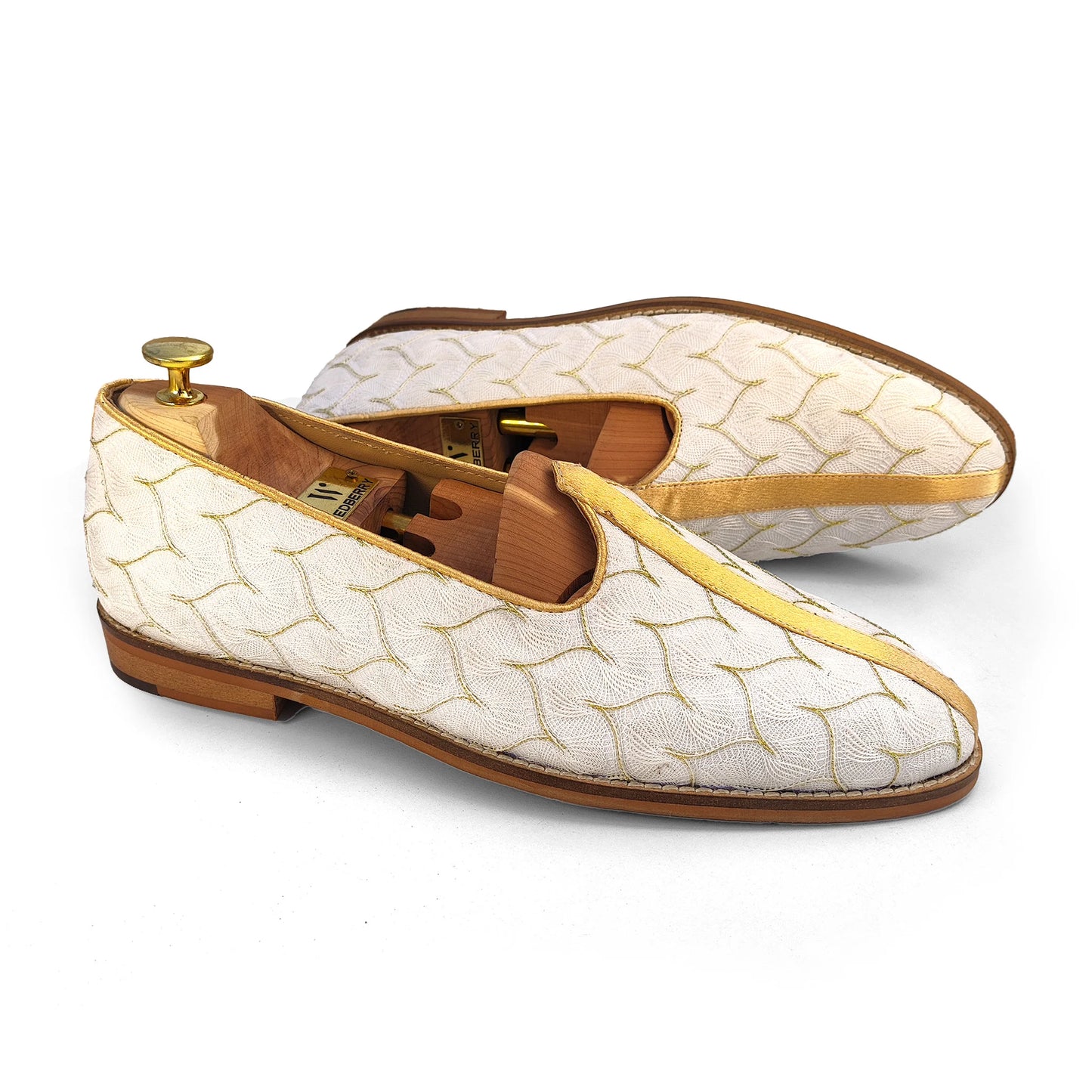 Ivory White with Gold Embroidery Wedding Shoes Ethnic Loafers Mojari Slipon for Men