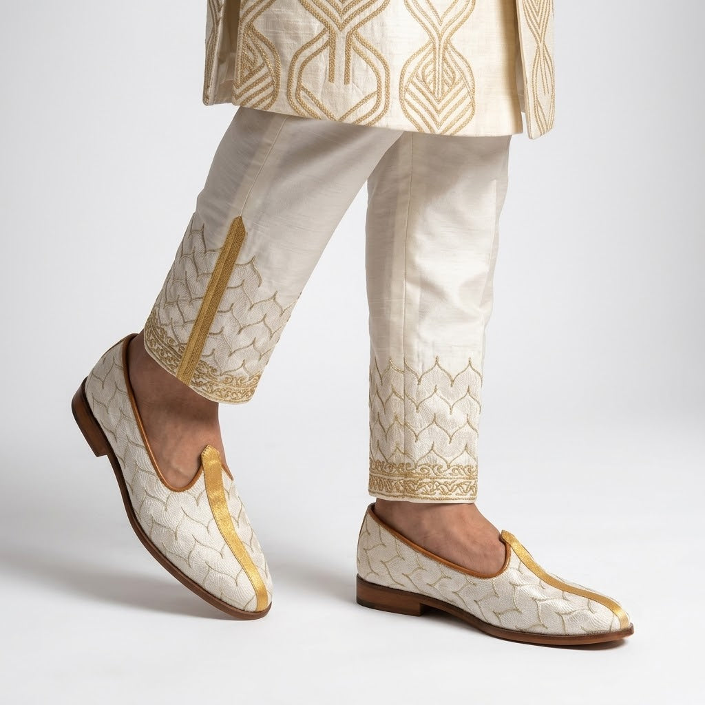 Ivory White with Gold Embroidery Wedding Shoes Ethnic Loafers Mojari Slipon for Men