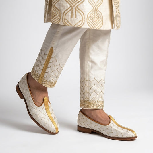 Ivory White with Gold Embroidery Wedding Shoes Ethnic Loafers Mojari Slipon for Men