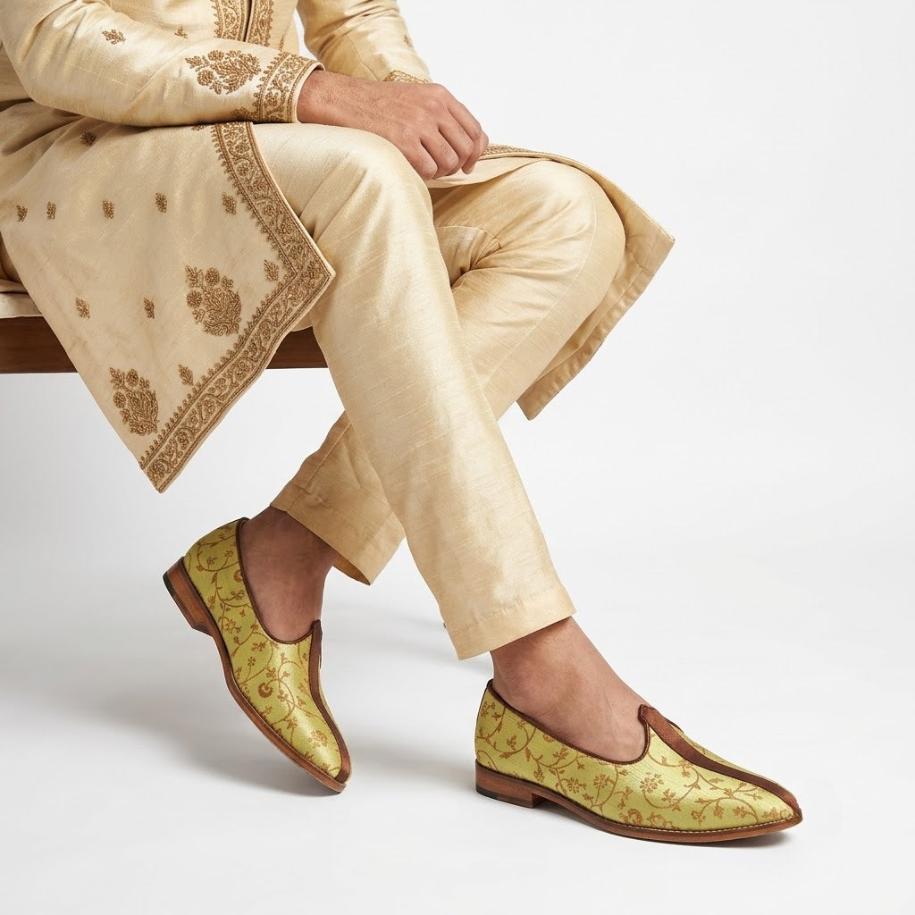 Mint Green Free Embroidery Ethnic Wedding Shoes Nagra Mojari Loafer for Men
