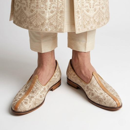 Creme Embroidery Wedding Shoes Mojri Shoes for Men