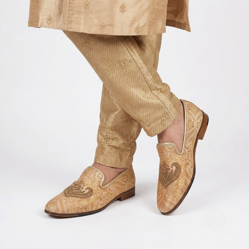 Peach and Gold Brocket Zardozi Handwork Loafer for Men