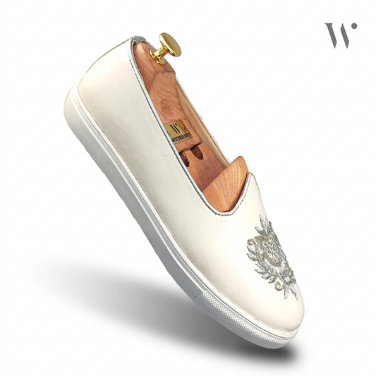 White Zardozi Handwork Wedding Sneaker Shoes Ethnic Mojari for Men