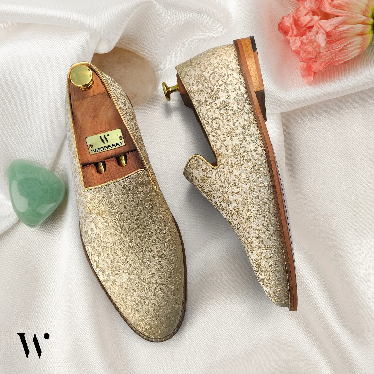 Light Biege and Self Embroidery Loafer Mojari Slipon for Men