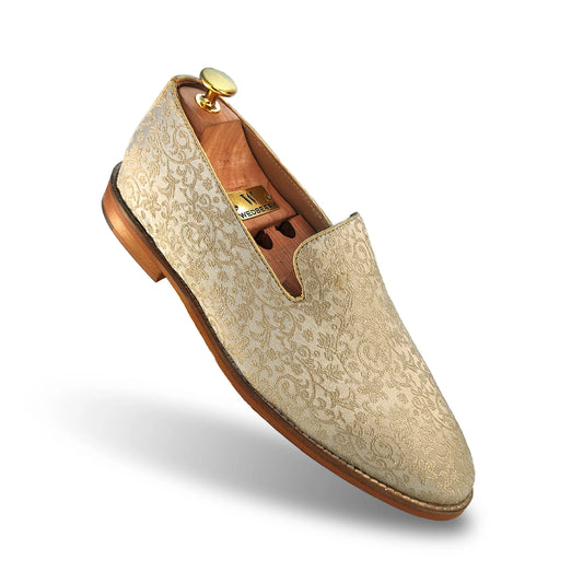 Light Biege and Self Embroidery Loafer Mojari Slipon for Men