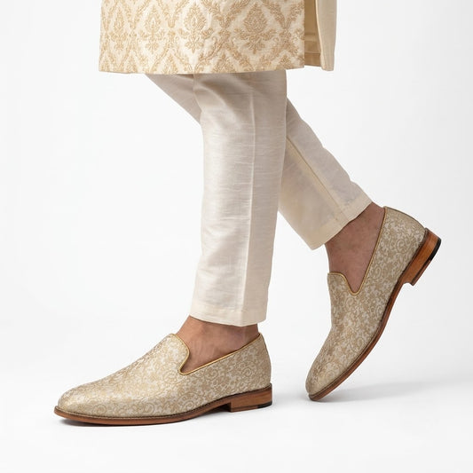 Light Biege and Self Embroidery Loafer Mojari Slipon for Men