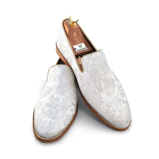 White Flowers Self Embroidery Loafer Mojari Slipon for Men