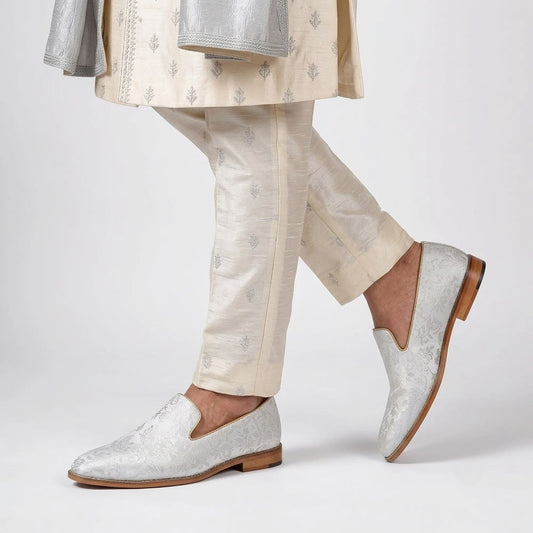 White Flowers Self Embroidery Loafer Mojari Slipon for Men