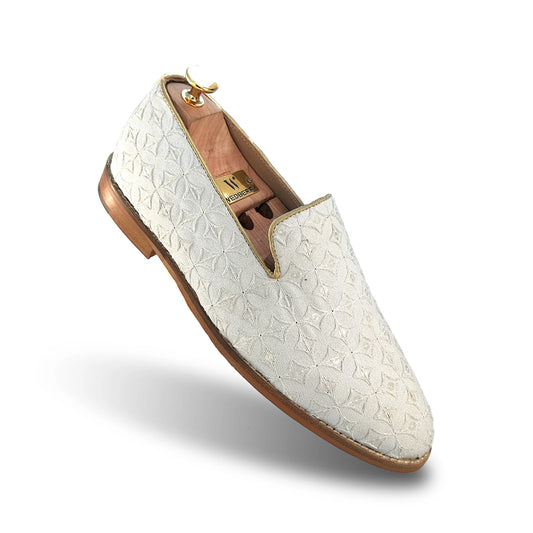 White Embroidery Mojari Shoes for Men