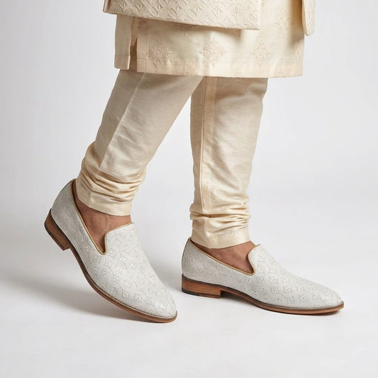 White Embroidery Mojari Shoes for Men