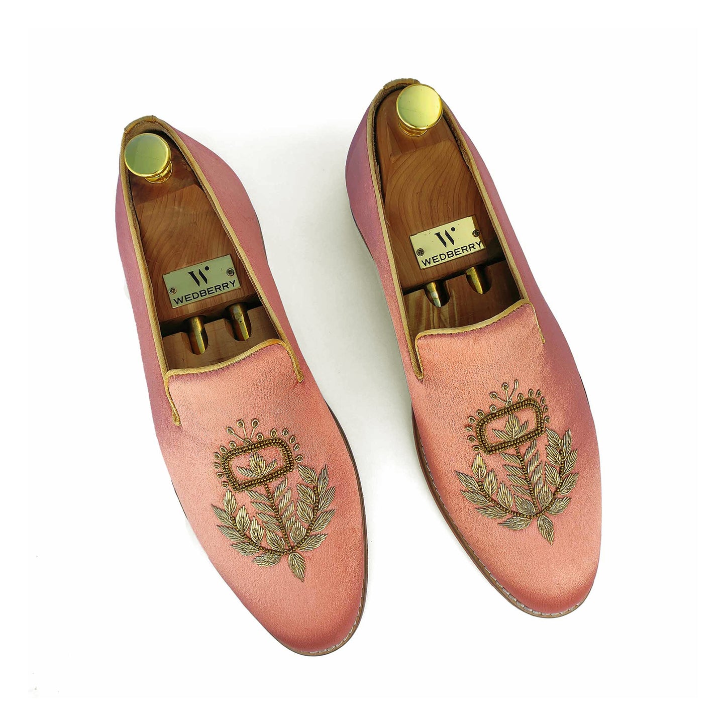 Peach Satin Silk with Golden Zardozi Handwork Loafers for Men