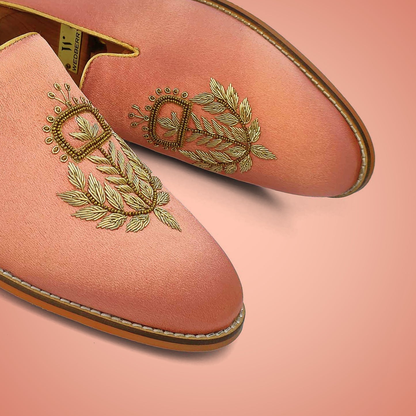 Peach Satin Silk with Golden Zardozi Handwork Loafers for Men