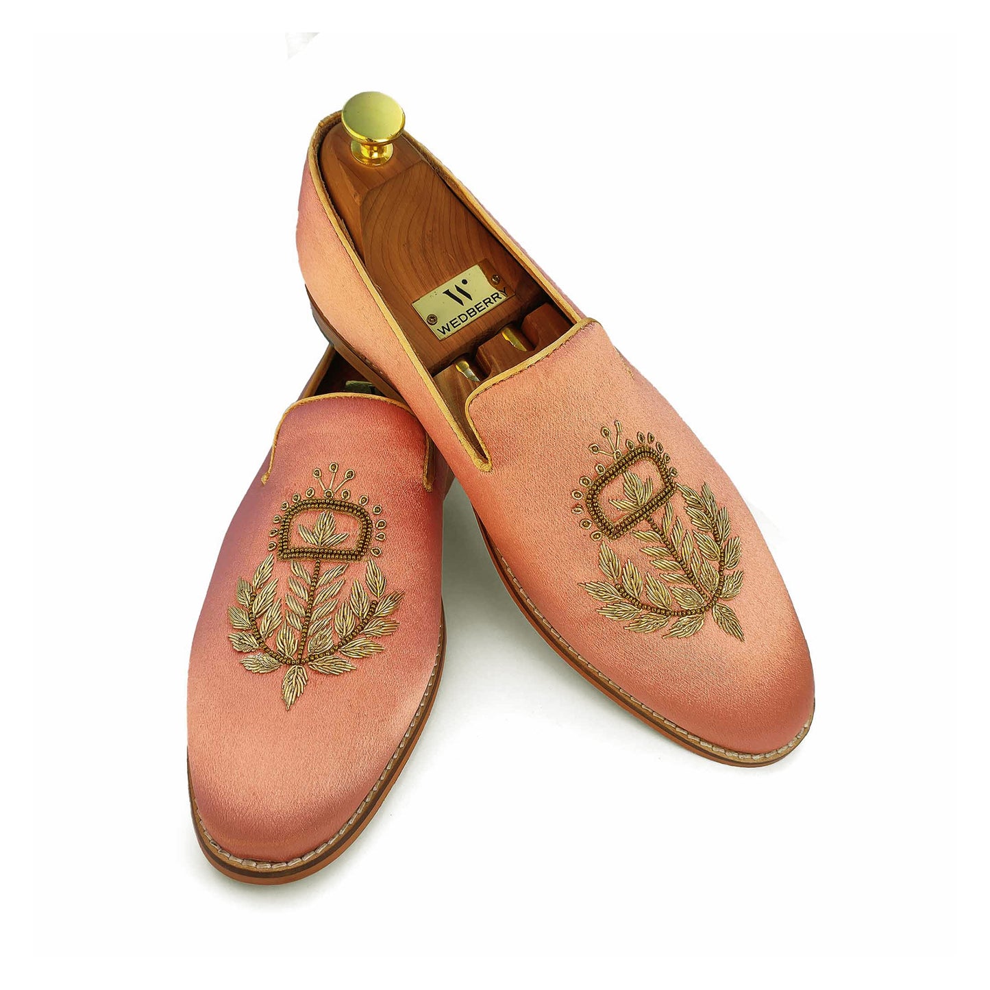 Peach Satin Silk with Golden Zardozi Handwork Loafers for Men