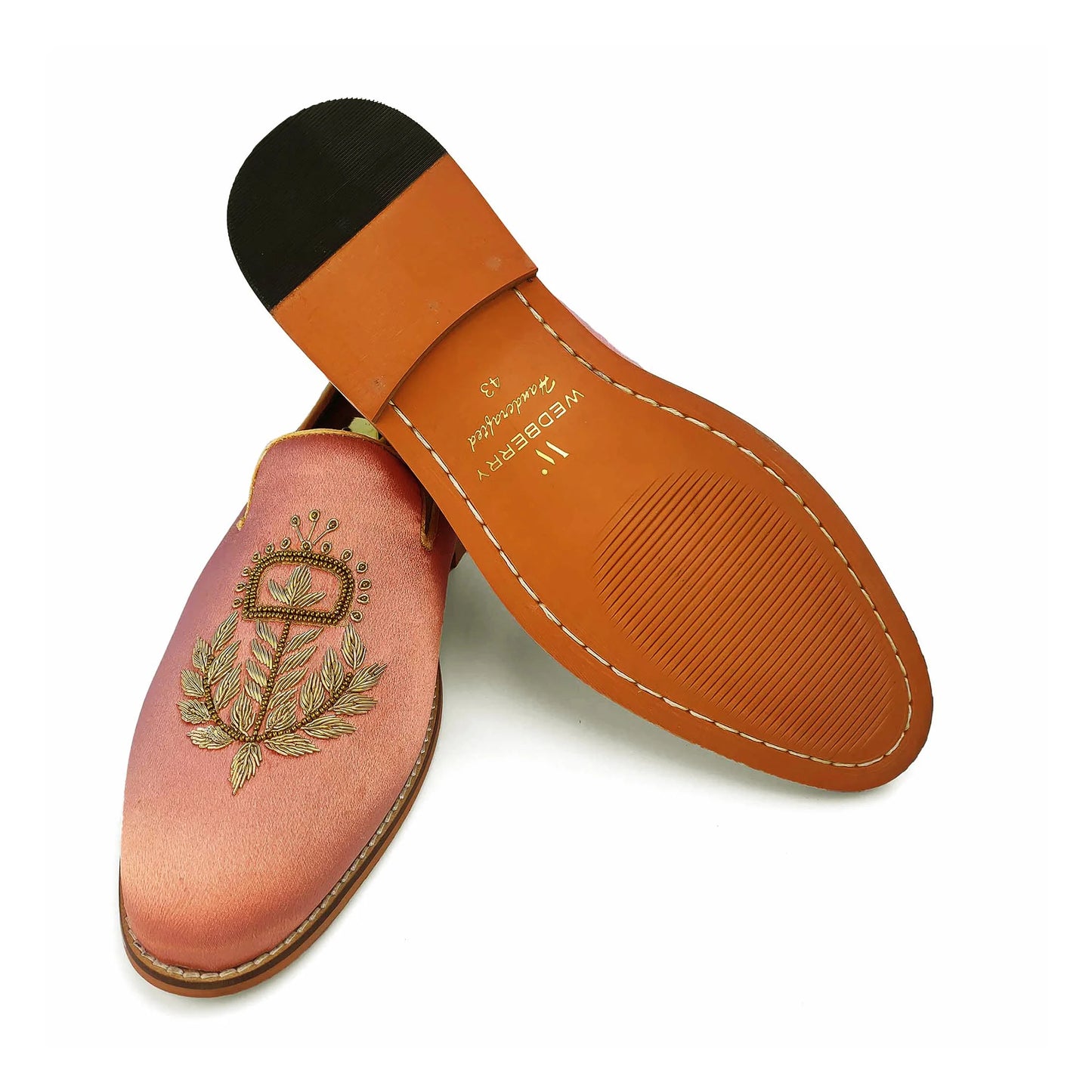 Peach Satin Silk with Golden Zardozi Handwork Loafers for Men