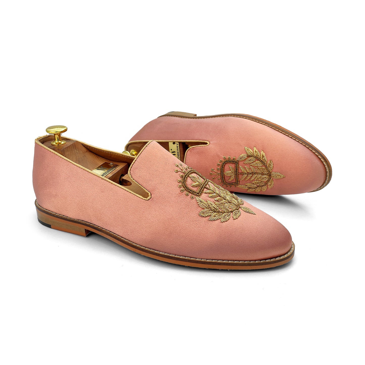 Peach Satin Silk with Golden Zardozi Handwork Loafers for Men