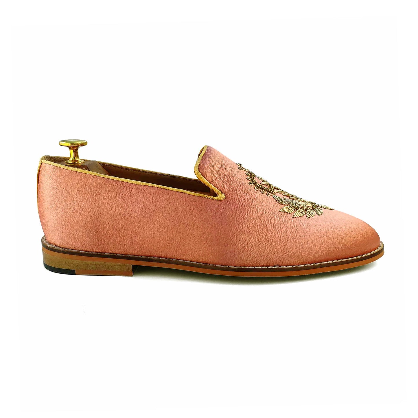 Peach Satin Silk with Golden Zardozi Handwork Loafers for Men
