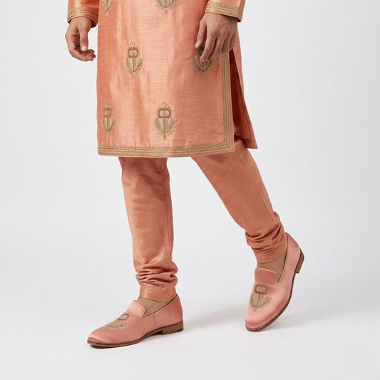Peach Satin Silk with Golden Zardozi Handwork Loafers for Men