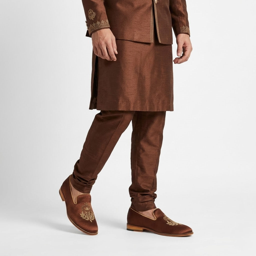 Brown Satin Silk with Golden Zardozi Handwork Loafers for Men
