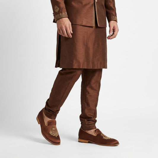 Brown Satin Silk with Golden Zardozi Handwork Loafers for Men