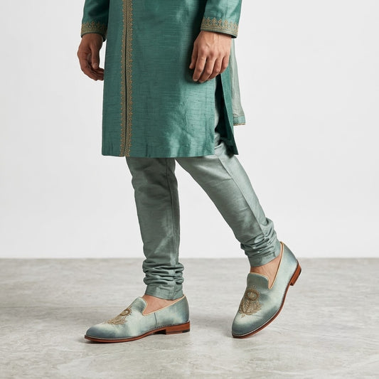 Pista Green Zardozi Handwork Wedding Ethnic Shoes for Men