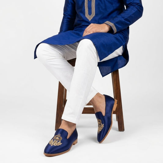 Navy Blue Zardozi Handwork Wedding Ethnic Shoes Party for Men