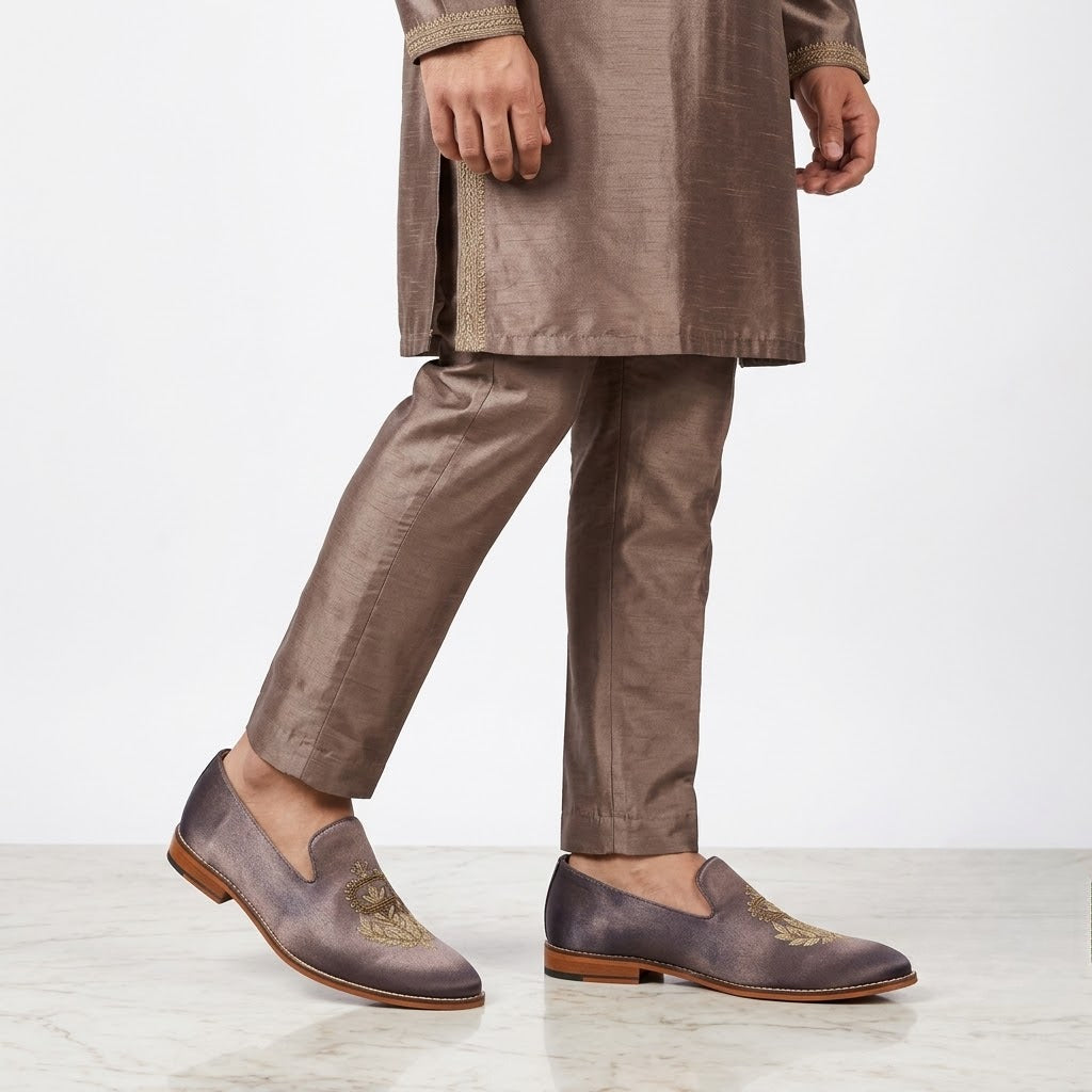 Grey Satin Zardozi Handwork Wedding Ethnic Shoes Party for Men