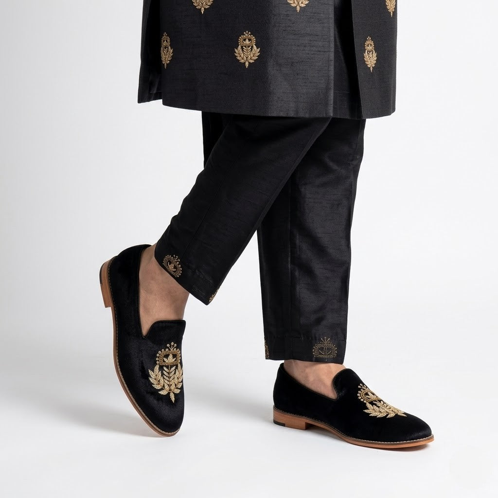 Black Satin Silk with Golden Zardozi Handwork Loafers for Men