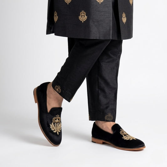 Black Satin Silk with Golden Zardozi Handwork Loafers for Men
