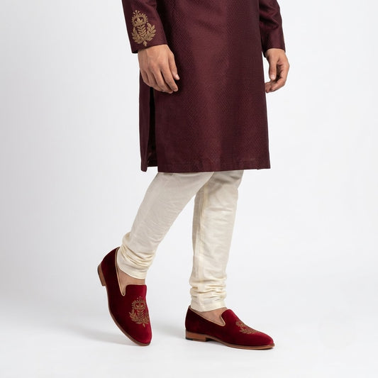 Maroon Velvet Gold Zardozi Handwork Wedding Ethnic Shoes for Men