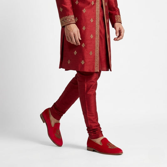 Red Velvet Zardozi Handwork Wedding Ethnic Shoes Loafer for Men