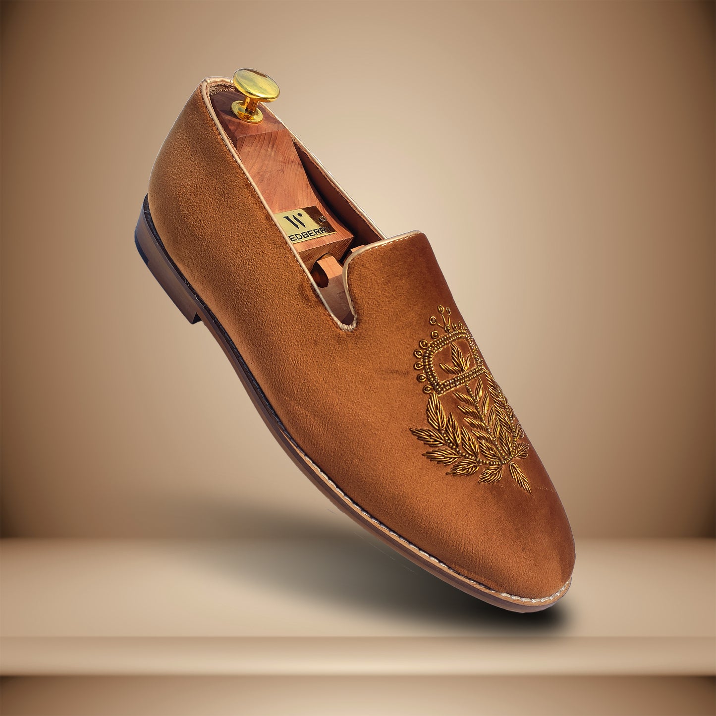 Tan Velvet Zardozi Wedding Ethnic Party Shoes Loafer for Men