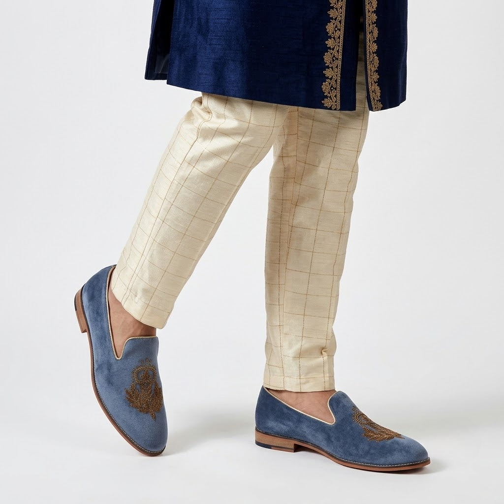 Grey Velvet Zardozi Wedding Ethnic Shoes Handwork for Men