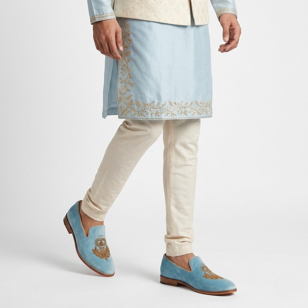 Sky Blue Velvet Zardozi Handwork Wedding Ethnic Shoes for Men