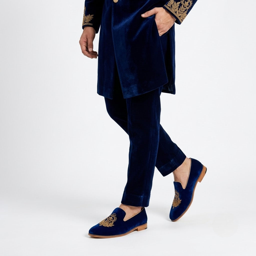 Navy Blue Velvet Zardozi Handwork Wedding Ethnic Shoes Party for Men