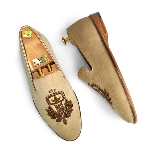 Beige Crème Velvet Handwork Loafers