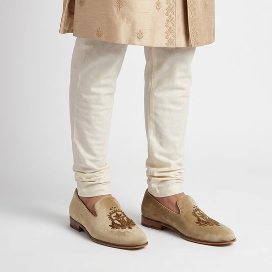 Beige Crème Velvet Handwork Loafers