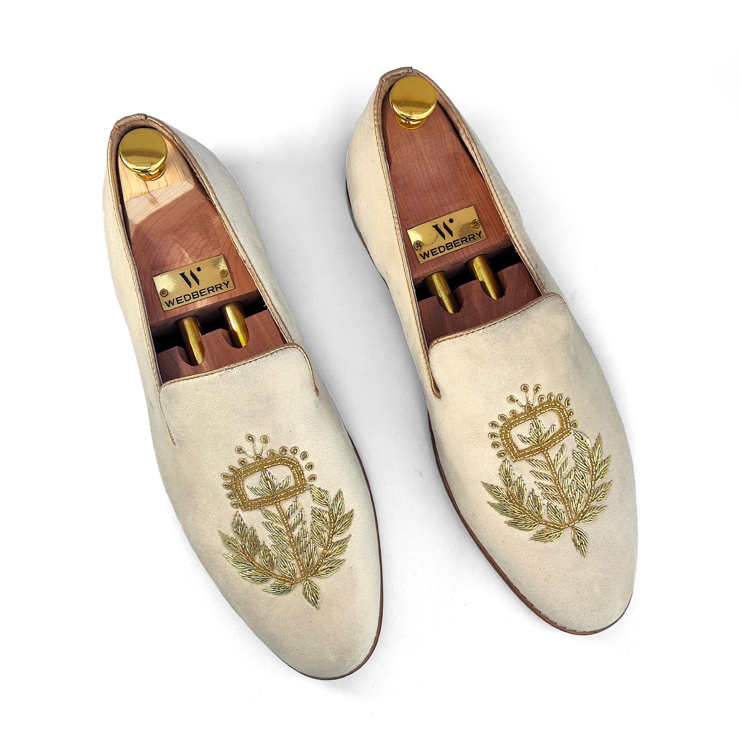 Light Ivory Velvet with Bright Gold Zardozi Handwork Wedding Shoes Ethnic Loafers for Men