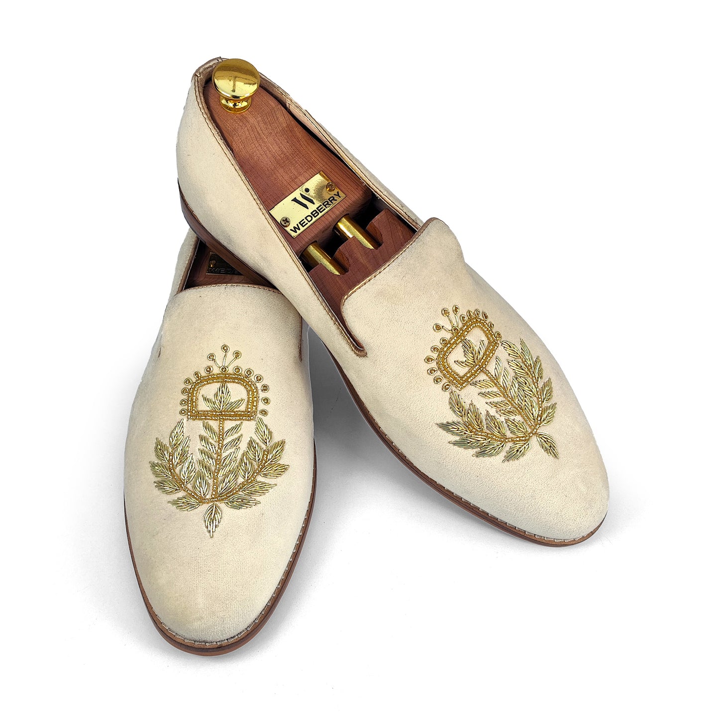 Light Ivory Velvet with Bright Gold Zardozi Handwork Wedding Shoes Ethnic Loafers for Men