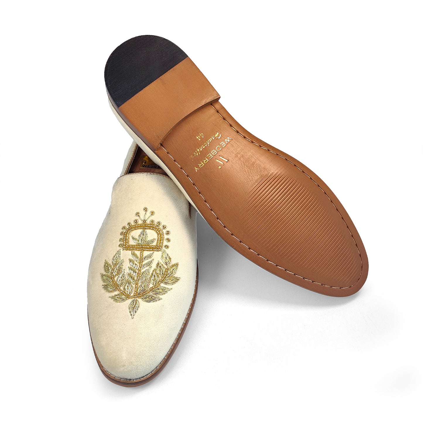 Light Ivory Velvet with Bright Gold Zardozi Handwork Wedding Shoes Ethnic Loafers for Men