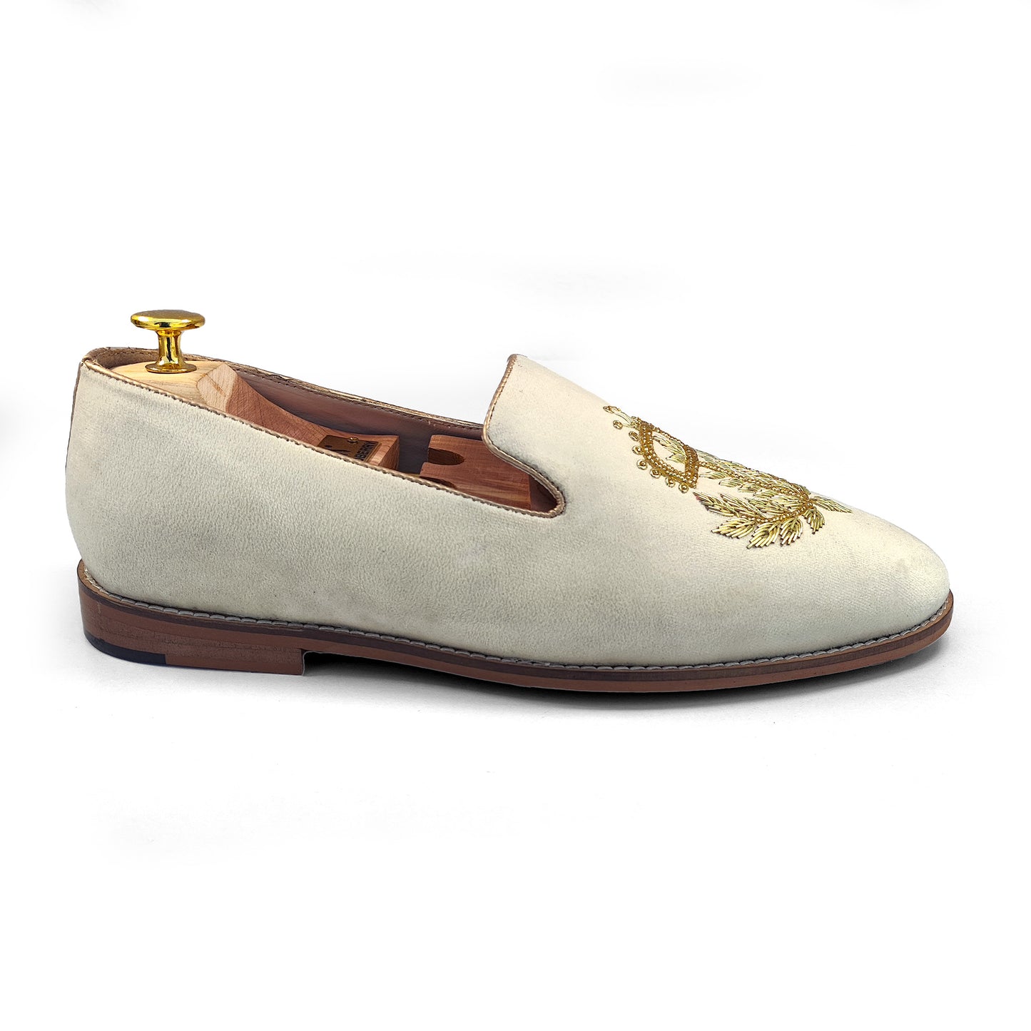 Light Ivory Velvet with Bright Gold Zardozi Handwork Wedding Shoes Ethnic Loafers for Men