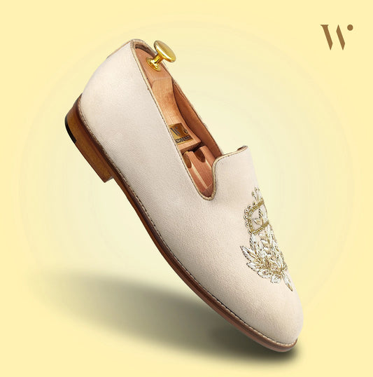 Light Ivory Velvet Handwork Shoes