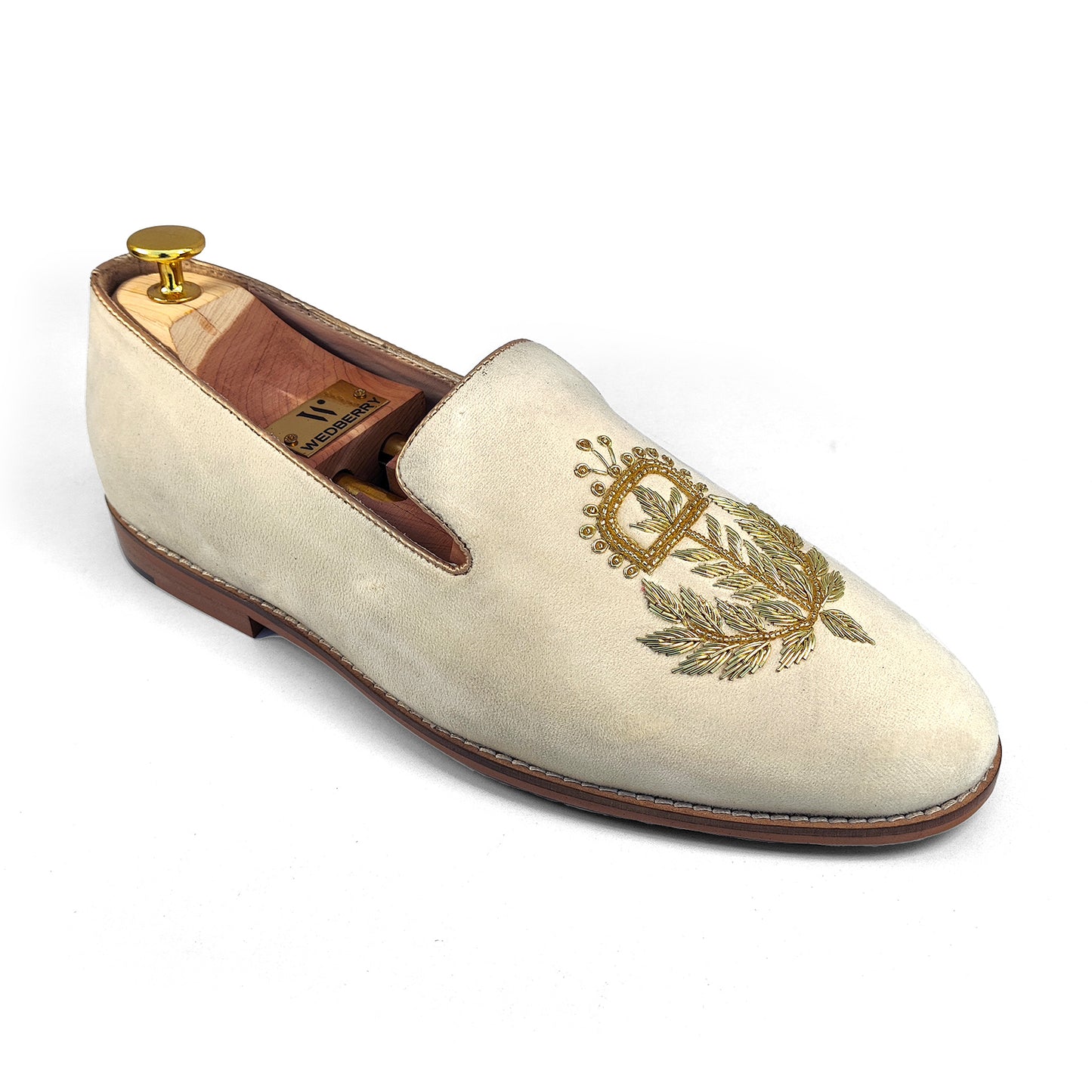 Light Ivory Velvet with Bright Gold Zardozi Handwork Wedding Shoes Ethnic Loafers for Men